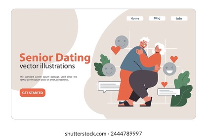 Senior couple, deeply in love, shares an intimate dance, surrounded by emotive digital reactions and messages. Flat vector illustration