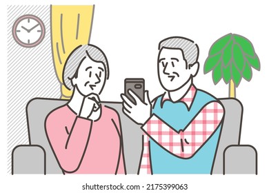 Senior couple discussing while looking at their phones [Vector illustration].