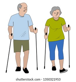 Senior couple do nordic walking in the park. Retirees with nordic sticks isolated vector illustration.