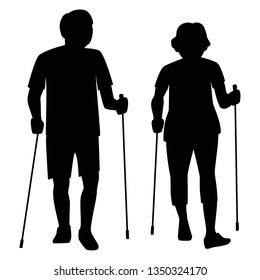 Senior couple do nordic walking in the park. Retirees with nordic sticks silhouette isolated vector illustration.