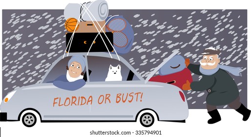 Senior Couple With A Dog Packing A Car Under The Snow And Moving To Florida, EPS 8 Vector Illustration, No Transparencies