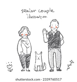 senior couple and dog, simple hand drawn illustrations