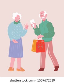 Senior Couple Doing Christmas Shopping. Elderly cute granny and grandpa, man and woman cartoon characters with shopping bags buying Xmas and New Year presents. Flat vector illustration isolated.