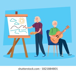 senior couple doing different activities and hobbies vector illustration design
