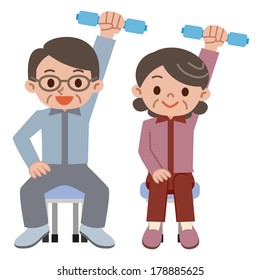 Senior couple doing a dumbbell exercise