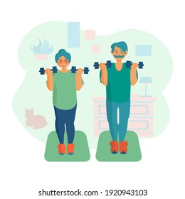Senior couple doing exercises with dumbbells Workout at home Cartoon illustration