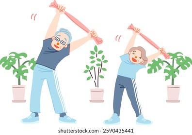 Senior couple doing exercises using a towel