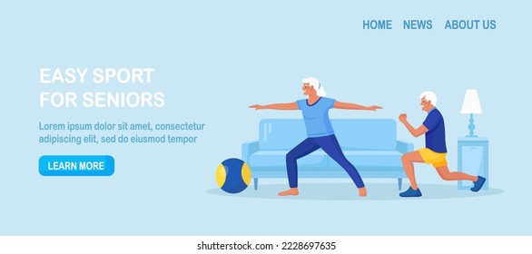 Senior couple doing fitness exercises, yoga at home, practicing meditation. Grandpa and grandma doing sport workout. Physical activity and health care for elderly people. Stretching, tree pose