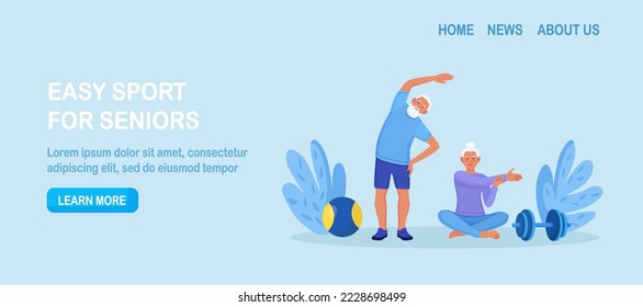 Senior couple doing fitness exercises, yoga at home, practicing meditation. Grandparents doing sport workout. Physical activity and health care for elderly people. Stretching, lotus pose