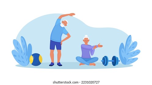 Pareja mayor haciendo ejercicios de fitness, yoga en casa, practicando meditación. Abuelos haciendo ejercicio deportivo. Actividad física y atención de la salud de las personas mayores. Stretching, pose del loto