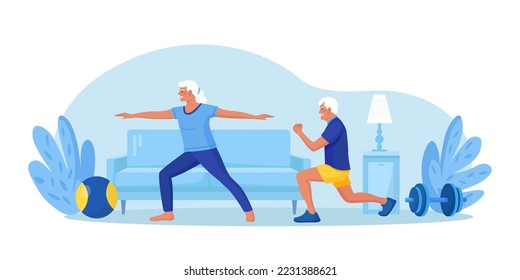 Senior couple doing fitness exercises, yoga at home, practicing meditation. Grandpa and grandma doing sport workout. Physical activity and health care for elderly people. Stretching, tree pose