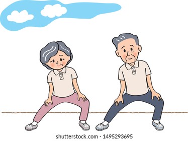 Senior couple doing gymnastics to stretch legs