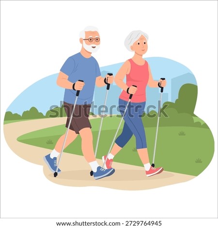 Senior couple doing Nordic walking. Elderly man and woman exercising with Scandinavian sticks outdoor, taking care of health. Physical activity, sport, fitness concept. Vector