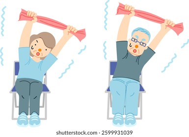 Senior couple doing simple exercises while sitting on chairs and using towels