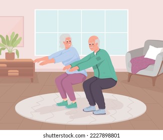 Senior couple doing sit ups at home flat color vector illustration. Squat exercises for wellbeing in elderly. Fully editable 2D simple cartoon characters with living room on background