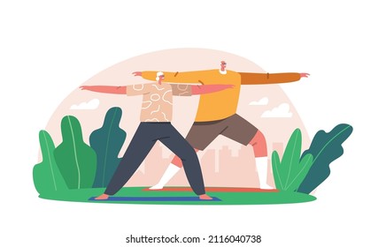 Senior Couple Doing Yoga Exercise. Elderly Male and Female Characters Stand in Asana Pose. Grandfather and Grandmother Athletic Fitness Activity, Retirement Concept. Cartoon People Vector Illustration