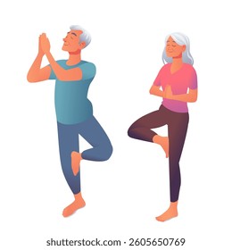 Senior couple doing yoga tree pose with calm expressions barefoot elderly man and woman practicing balance and mindfulness exercises together isolated on white background
