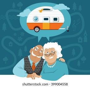 A senior couple dreaming about a camper trailer, cartoon road map on the background, EPS 8 vector illustration, no transparencies