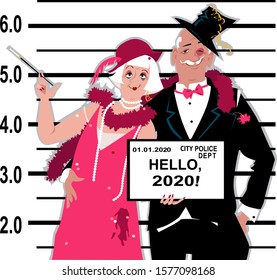 Senior couple dressed in 1920s fashion stands for a mug shot at the police station, holding Hello 2020 tablet, EPS 8 vector illustration	