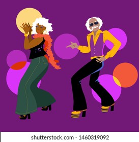 Senior Couple Dressed In 1970s Club Fashion Dancing Disco, EPS 8 Vector Illustration	
