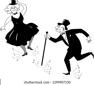 Senior Couple Dressed In Retro Fashion Tap Dancing, EPS 8 Black Vector Line Illustration