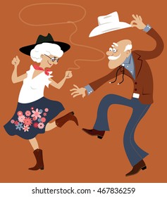 Senior couple dressed in traditional western costumes dancing square dance or contradance, EPS 8 vector illustration, no transparencies