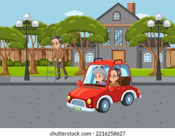 Senior couple driving car illustration