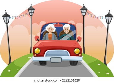 Senior couple driving car illustration