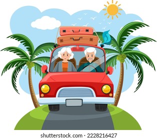 Senior couple driving car  illustration