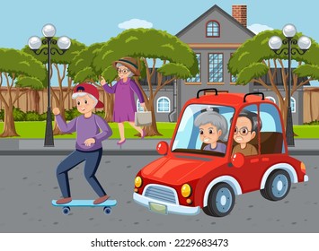 Senior couple driving car illustration