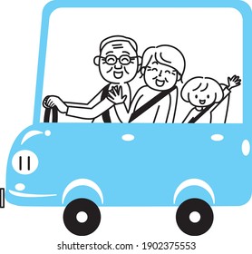 Senior couple driving with granddaughter 