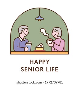 A senior couple is eating coffee and cake at a cafe. flat design style minimal vector illustration.