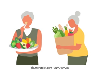 Las parejas mayores comen comida saludable y llevan una bolsa de comida saludable. Concepto de envejecimiento saludable y cuidado de ancianos.