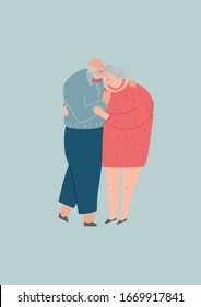 Senior couple. Elderly people hug together. Old people in love. Man and woman on the path of life. Caring for each other. Vector illustration, freehand drawing