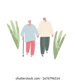 Senior Couple. Elderly People Walking In The Park And Together. Old People In Love. Man And Woman On The Path Of Life. Caring For Each Other. Vector Illustration, Freehand Drawing