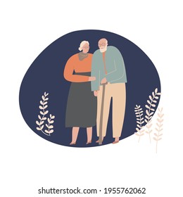 Senior Couple. Elderly People Walking Together. Older People In Love. Man And Woman On The Path Of Life. Caring For Each Other. Vector Hand Drawn Illustration