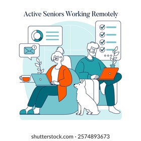 Senior couple embracing remote work lifestyle, comfortably working on laptops at home with pet. Vector illustration.