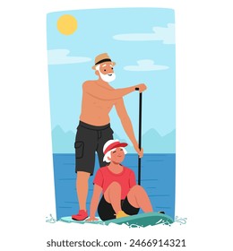 Pareja Senior Disfruta De Un Día Soleado De Paddleboard. Anciano De Pie Y Remando Mientras La Mujer Se Sienta Contenta, Ambos Con Sombreros Y Vestimenta Informal De Verano. Ilustración vectorial de Personas de dibujos animados