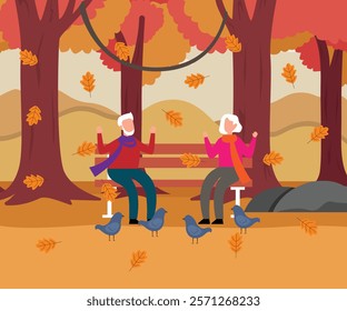 Senior Couple Enjoying Autumn in the Park 2d flat vector illustrations