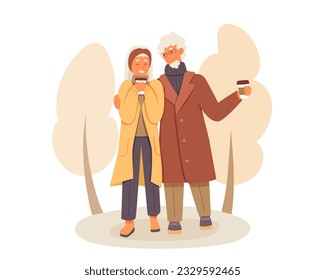 Una pareja mayor disfrutando el otoño juntos. Los abuelos positivos con atuendos de moda. Feliz vejez. Un estilo de vida genial para los pensionistas. Ilustración plana vectorial en colores cálidos