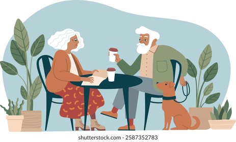 Senior couple enjoying coffee together at a cozy outdoor café, relaxing and chatting. Flat vector illustration