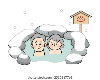 Senior couple enjoying the snow-viewing open-air bath.