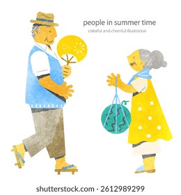 Senior couple enjoying summer - Colorful and fun watercolor illustration