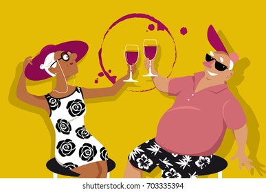 Senior couple enjoying wine at wine tasting or at happy hour, EPS 8 vector illustration 