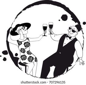 Senior couple enjoying wine at wine tasting or at happy hour, EPS 8 vector line illustration, only black color, no white objects