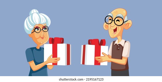 
Senior Couple Exchanging Anniversary Gifts Vector Cartoon Illustration. Elderly husband and wife exchanging Christmas presets
