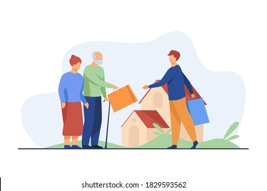 Senior couple exchanging packages with young man. House, grandfather, grandmother flat vector illustration. Communication and retirement concept for banner, website design or landing web page