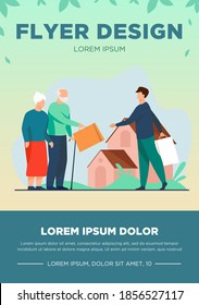 Senior couple exchanging packages with young man. House, grandfather, grandmother flat vector illustration. Communication and retirement concept for banner, website design or landing web page