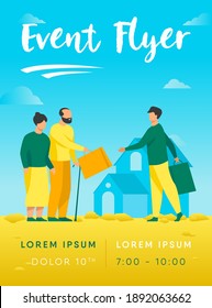 Senior couple exchanging packages with young man. House, grandfather, grandmother flat vector illustration. Communication and retirement concept for banner, website design or landing web page