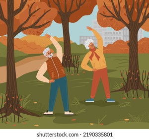 Una pareja mayor hace ejercicio en un parque. Ilustración vectorial del concepto de vida de jubilación saludable. Actividad al aire libre de otoño para personas mayores